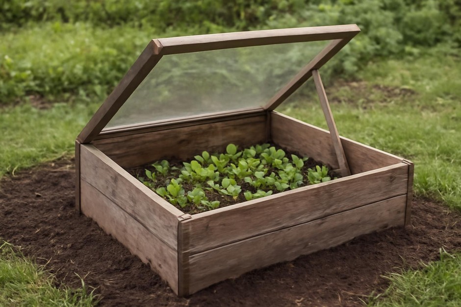 Wooden cold frame with a hinged clear lid over young salad greens