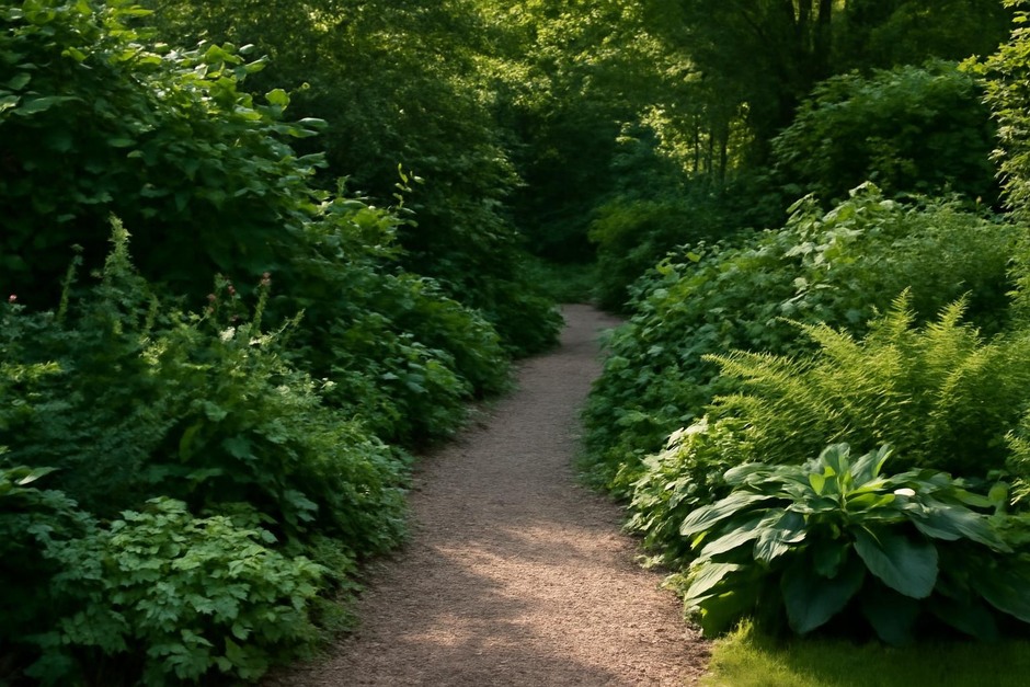 Sunlit garden path with shaded border plants