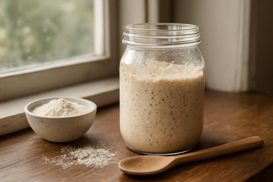 Jar of bubbly sourdough starter on a windowsill with flour and a wooden spoon