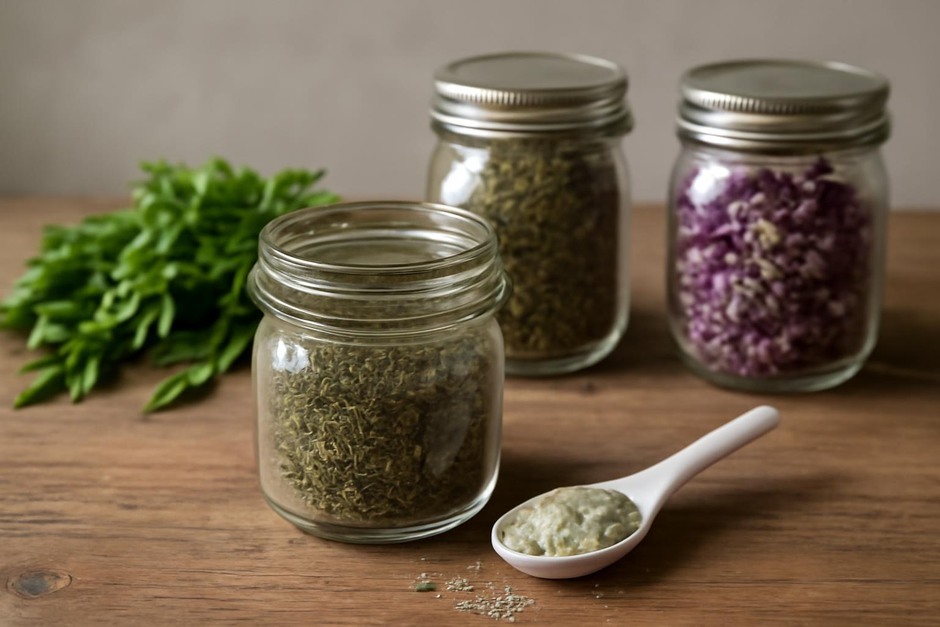 Jarred dried herbs and a small spoon of herb salt